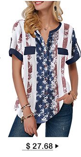 Roll Tab Sleeve Star Print Curved Hem Blouse