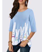 Rabbit Print Three Quarter Sleeve Light Blue Easter T Shirt