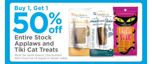 50% off entire stock Applaws and Tiki cat treats. Find your store >