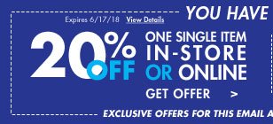 You have two offers! 20% off one single item in-store or online. Get offer Expires 6/17/18 View details