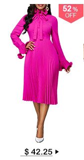 Tie Neck Long Sleeve Rose Red Pleated Dress