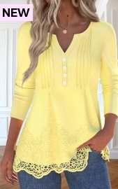 ROTITA Embroidery Light Yellow Split Neck Long Sleeve T Shirt