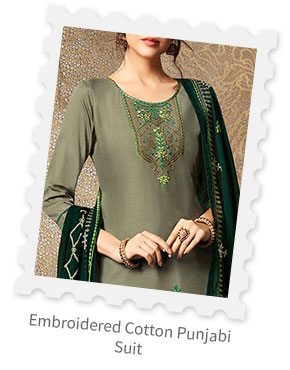 Embroidered Cotton Punjabi Suit in Dusty Olive