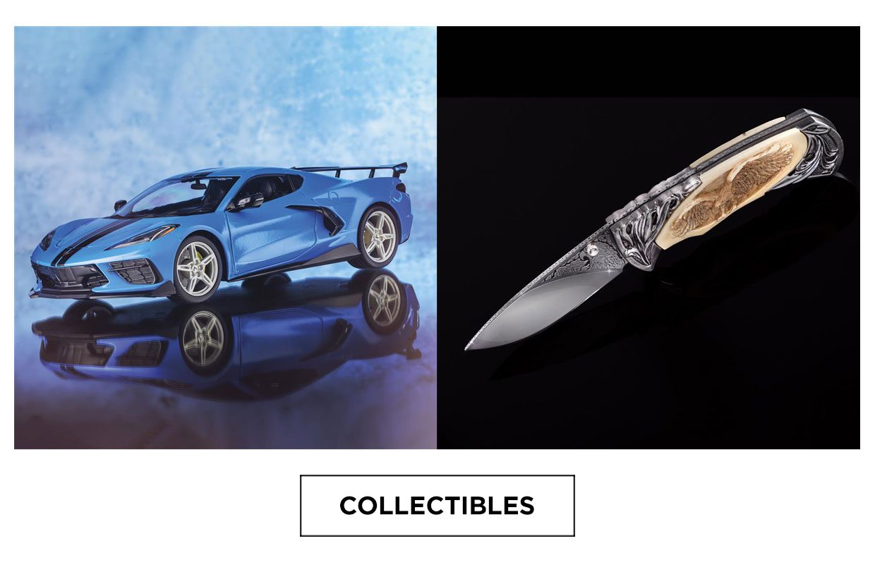 Model car and knife. Collectibles category button.