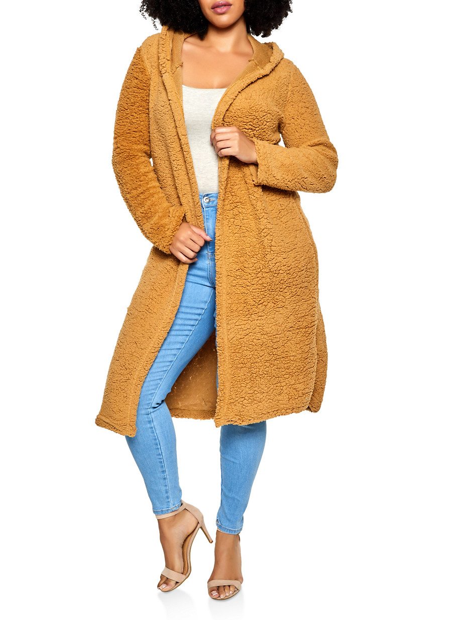 Plus Size Hooded Long Sherpa Jacket