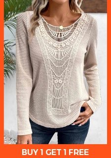 ROTITA Plus Size Lace Beige Round Neck T Shirt