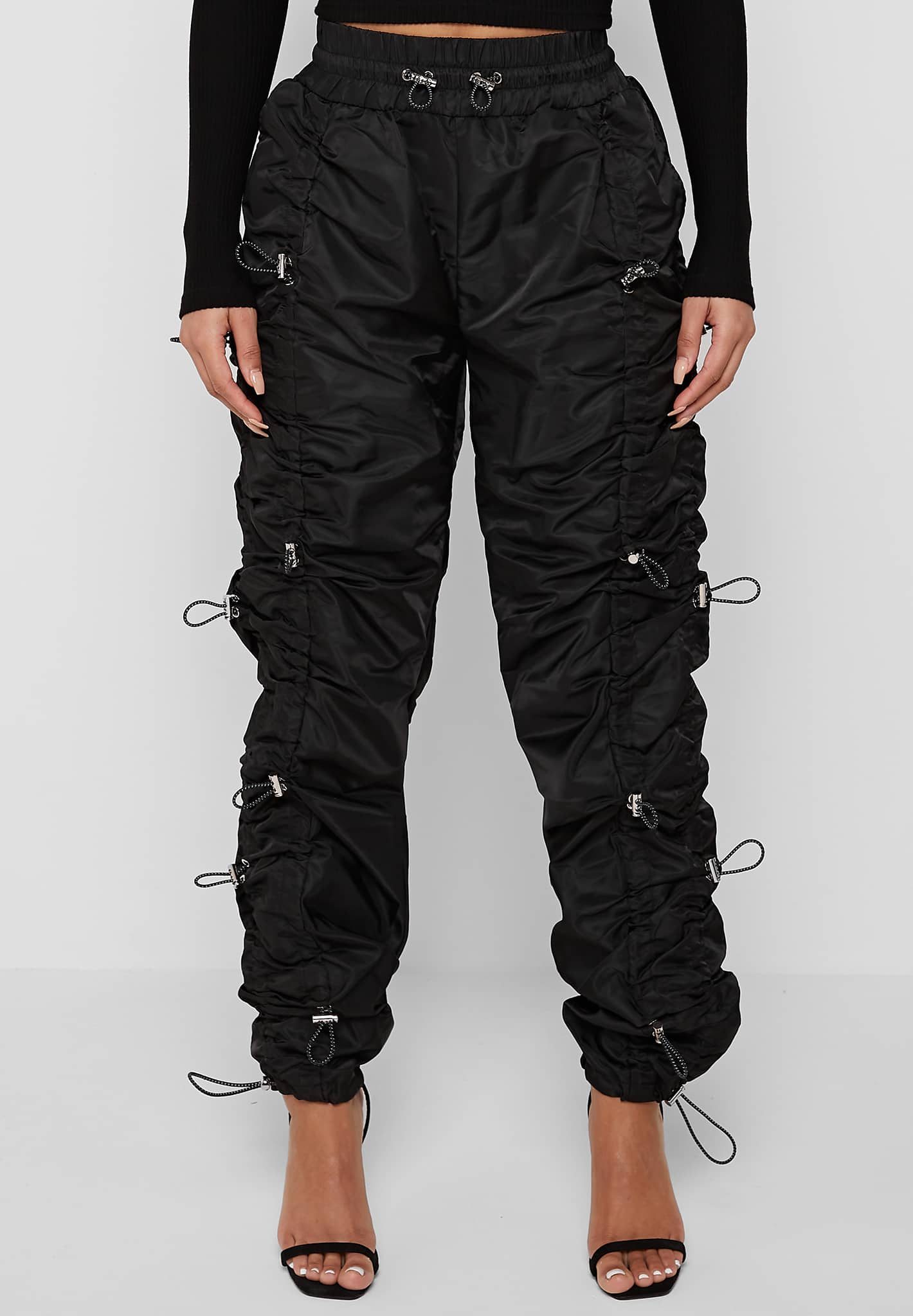 Nylon Bungee Ruched Cargo Pants - Black