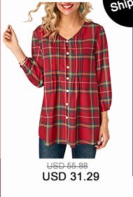 Blouson Sleeve Plaid Print V Neck Blouse