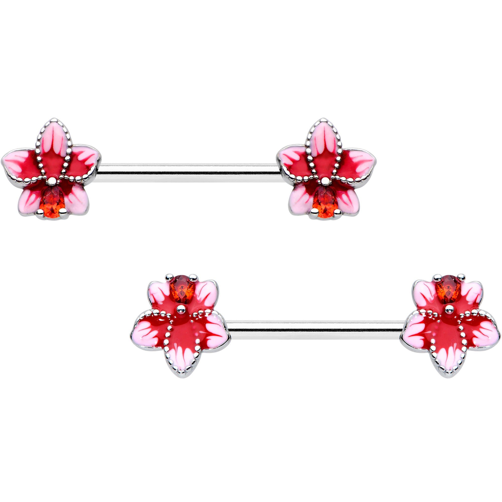 Image of 14 Gauge 9/16 Red Gem Tropical Flower Barbell Nipple Ring Set