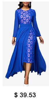 Patterned Lace Panel Chiffon Overlay Royal Blue Dress