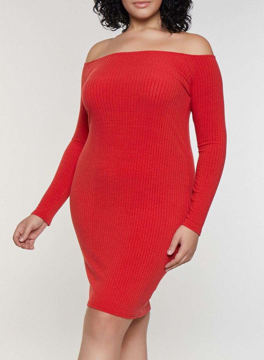 Plus Size Rib Knit Off the Shoulder Bodycon Dress