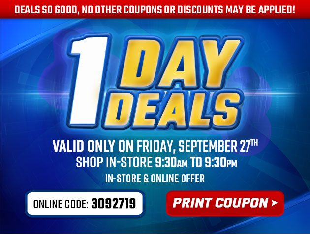 Extra Low Prices for E-Team Members | 1-Day Deals | Coupon valid In-Store Tomorrow, Friday, September 27, 2019