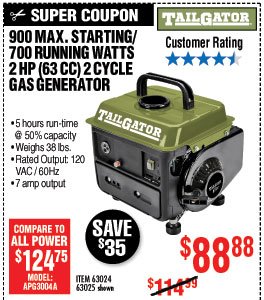 900 Max Starting/700 Running Watts, 2 HP (63cc) 2 Cycle Gas Generator EPA/CARB