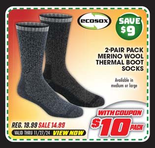 EcoSox Merino Wool Thermal Boot Socks - 2-Pack