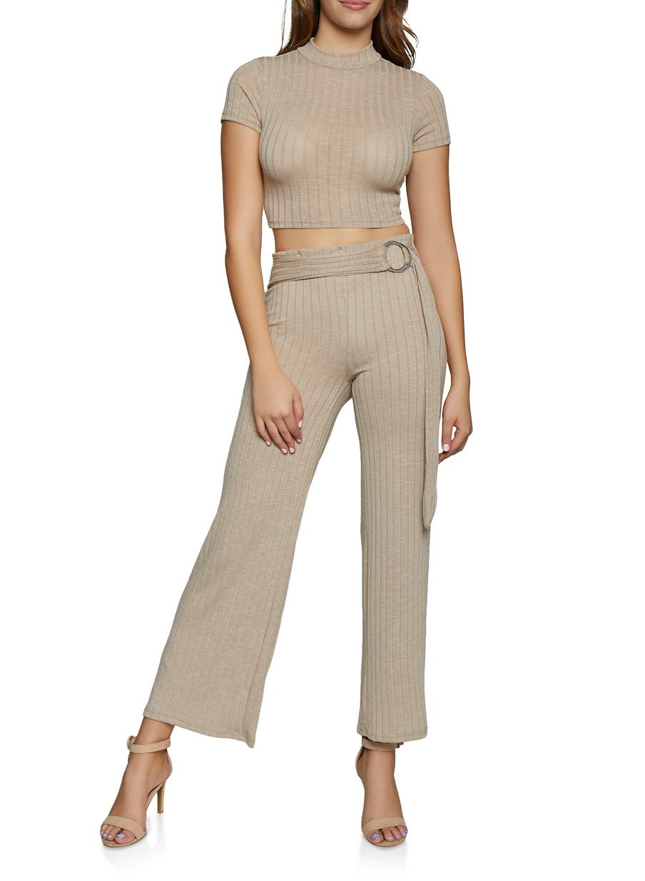 Rib Knit Crop Top and Flared Pants Set