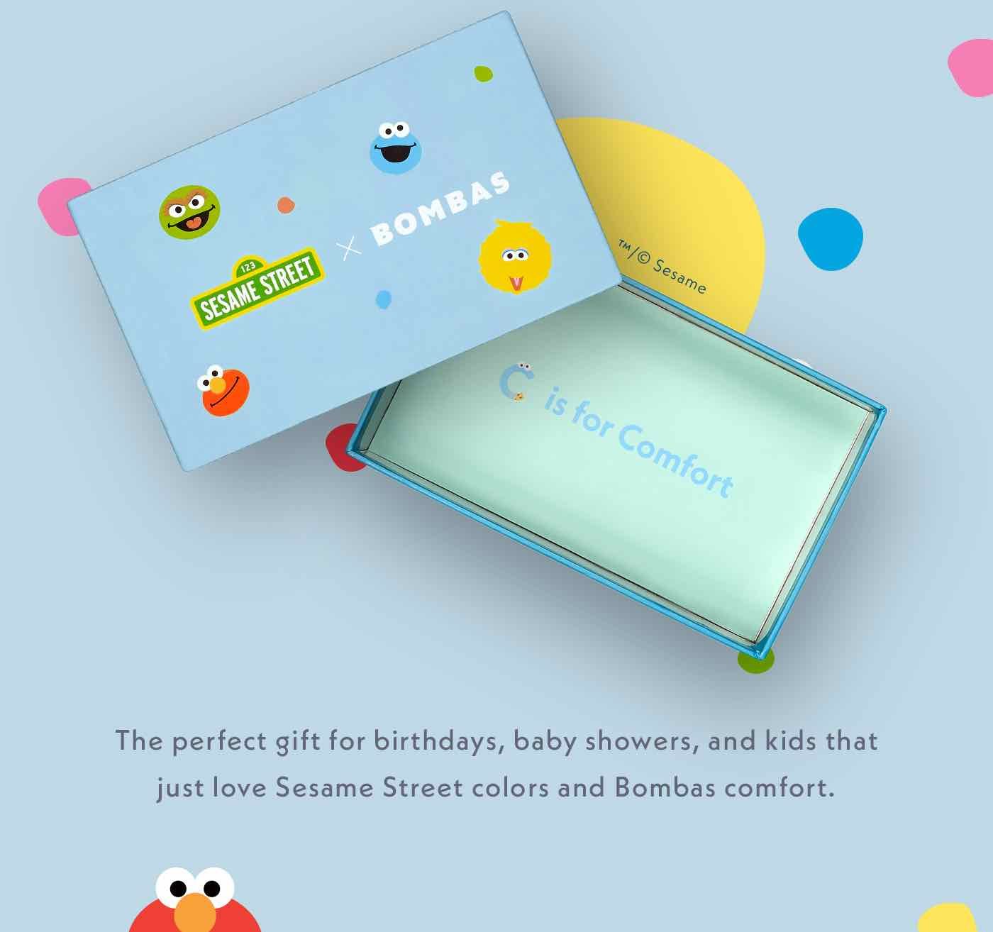 The perfect gift for birthdays, baby showers, and kids that just love Sesame Street colors and Bombas comfort.