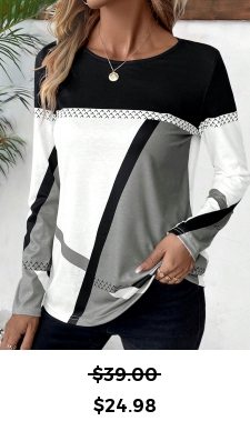ROTITA Patchwork Geometric Print Multi Color Round Neck T Shirt