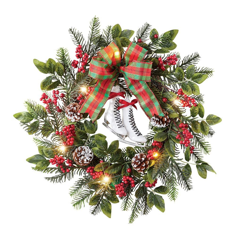 Lighted Ice Skate Winter Wreath with Pinecones