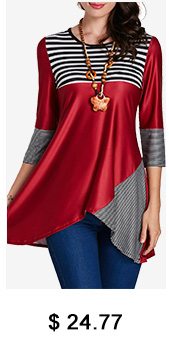 Stripe Print Asymmetric Hem Patchwork Blouse