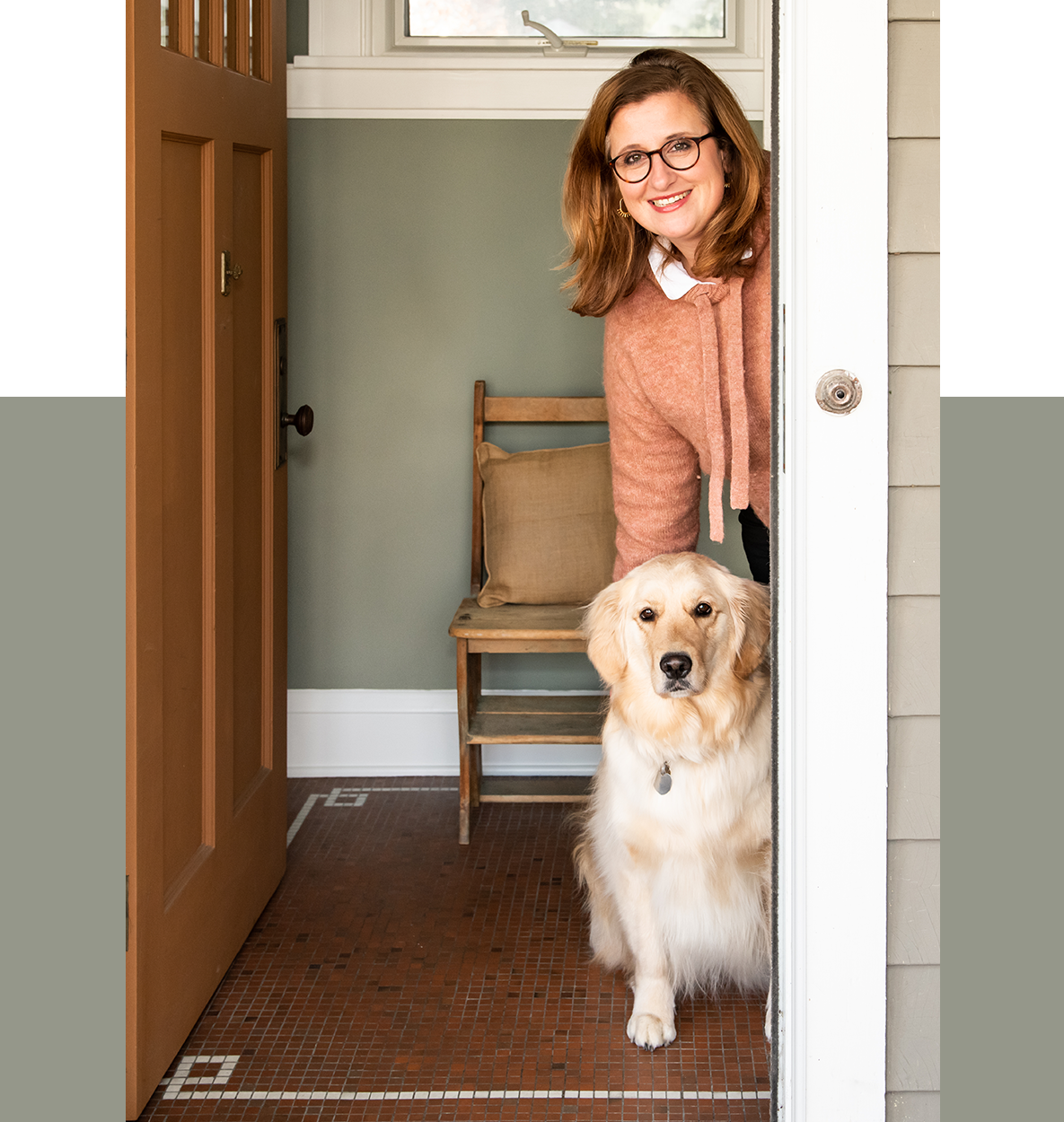 Image of Sue Wadden in her foyer with her dog