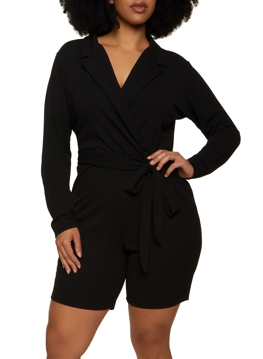 Plus Size Collared Faux Wrap Romper