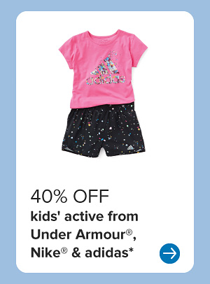 Image of a pink shirt and black shorts. 40% off kids' active from Under Armour, Nike and adidas.