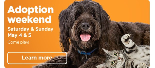 Adoption weekend. Saturday & Sunday, May 4 & 5. Come play! Learn more.