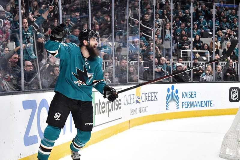 Hockey player Brent Burns celebrating a goal