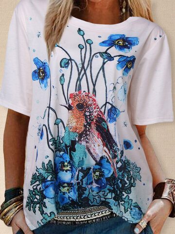 Flowers Bird Print T-shirt