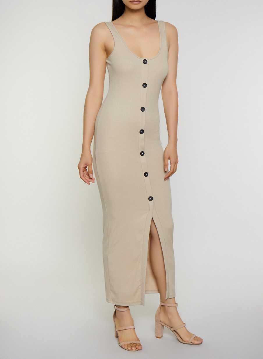 Ribbed Button Front Maxi Tank Dress