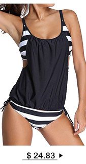 Stripe Print Black Spaghetti Strap Tankini Swimwear