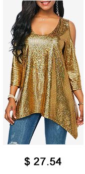 Three Quarter Sleeve Asymmetric Hem Metallic Blouse