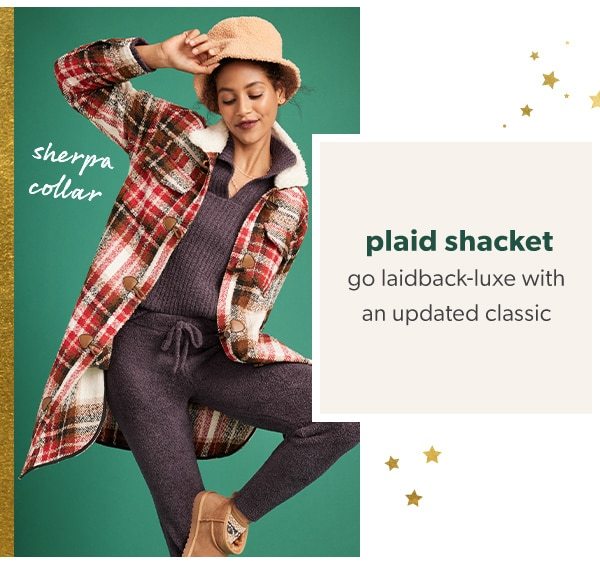 Plaid shacket. Go laidback-luxe with an updated classic. Sherpa collar.