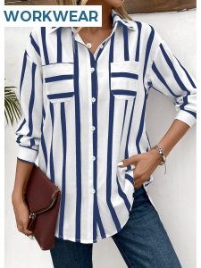 Pocket Striped Blue Shirt Collar Long Sleeve Blouse