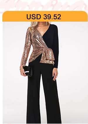 Sequin Panel Long Sleeve V Neck Jumpsuit