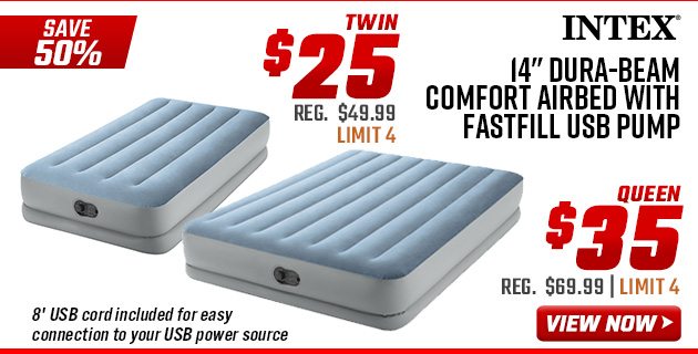 ''Intex 14'''' Dura-Beam Comfort Airbed with Fastfill USB Pump Twin $25 Queen $35''