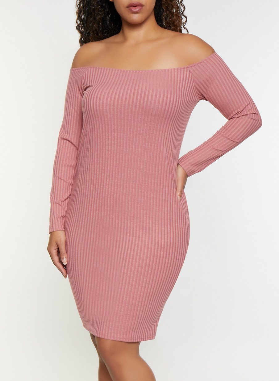 Plus Size Rib Knit Off the Shoulder Bodycon Dress