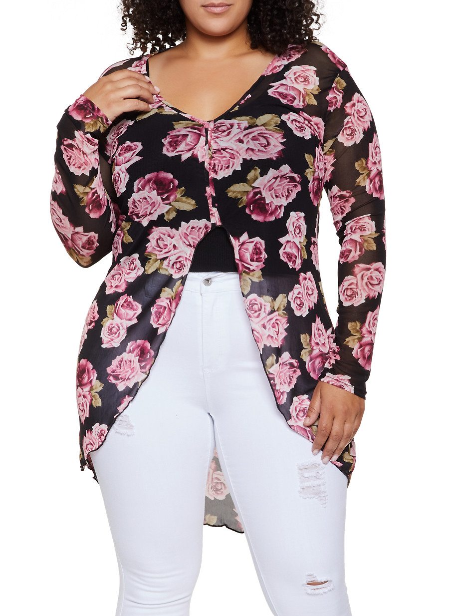 Plus Size Rose Print Mesh High Low Top