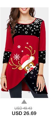 Asymmetric Hem Elk Print Christmas T Shirt