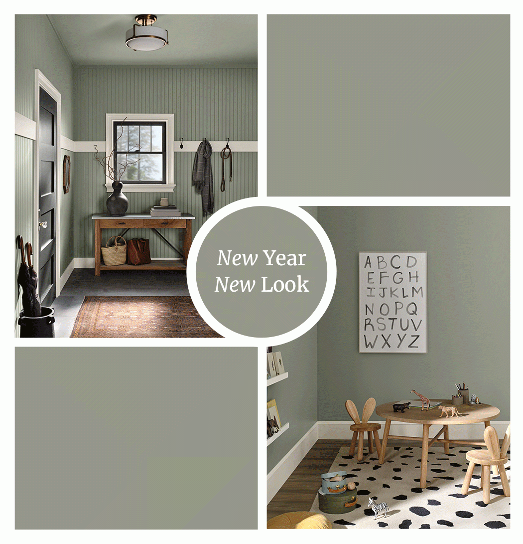 Image of rooms painted in Evergreen Fog. New Year New Look