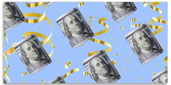 Repeating pattern of rolled hundred-dollar bills and gold ribbons on a light blue background.