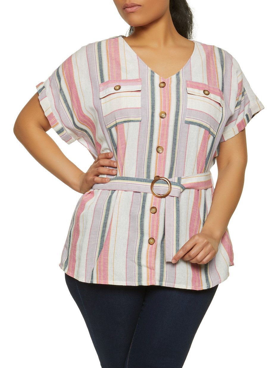 Plus Size Button Front Striped Shirt