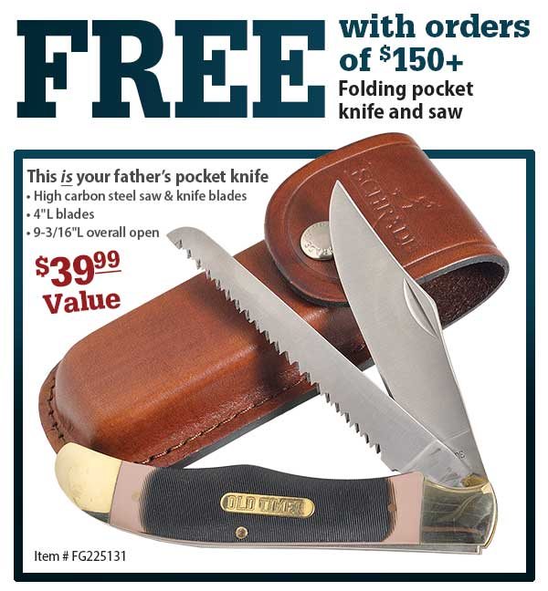 Free with orders of $150+ Folding pocket knife and saw