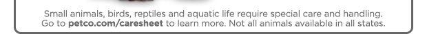 Small animals, birds, reptiles and aquatic life require special care and handling. Go to petco.com/caresheet to learn more. Not all animals available in all states. 