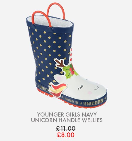 Younger Girls Navy Unicorn Handle Wellies