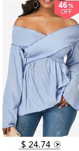 Shirred Crossover Flare Sleeve Light Blue Blouse