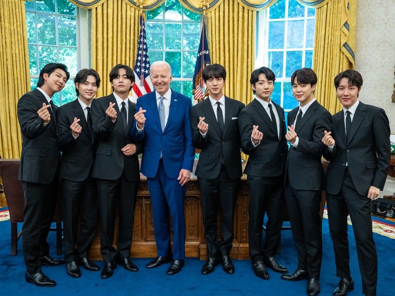 President Joe Biden records a digital address with the singing group BTS Tuesday, May 31, 2022, in the Oval Office of the White House. (Official White House Photo by Adam Schultz)