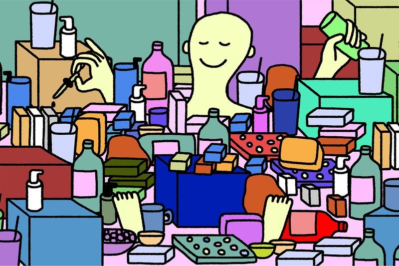 illustrated man totally zen with all his cbd products