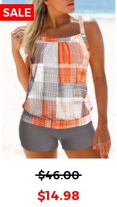 Criss Cross Geometric Print Orange Tankini Top