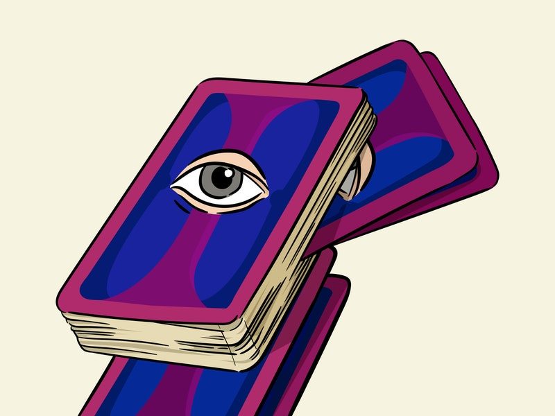 Illustration of tarot deck with an eye drawn on it.
